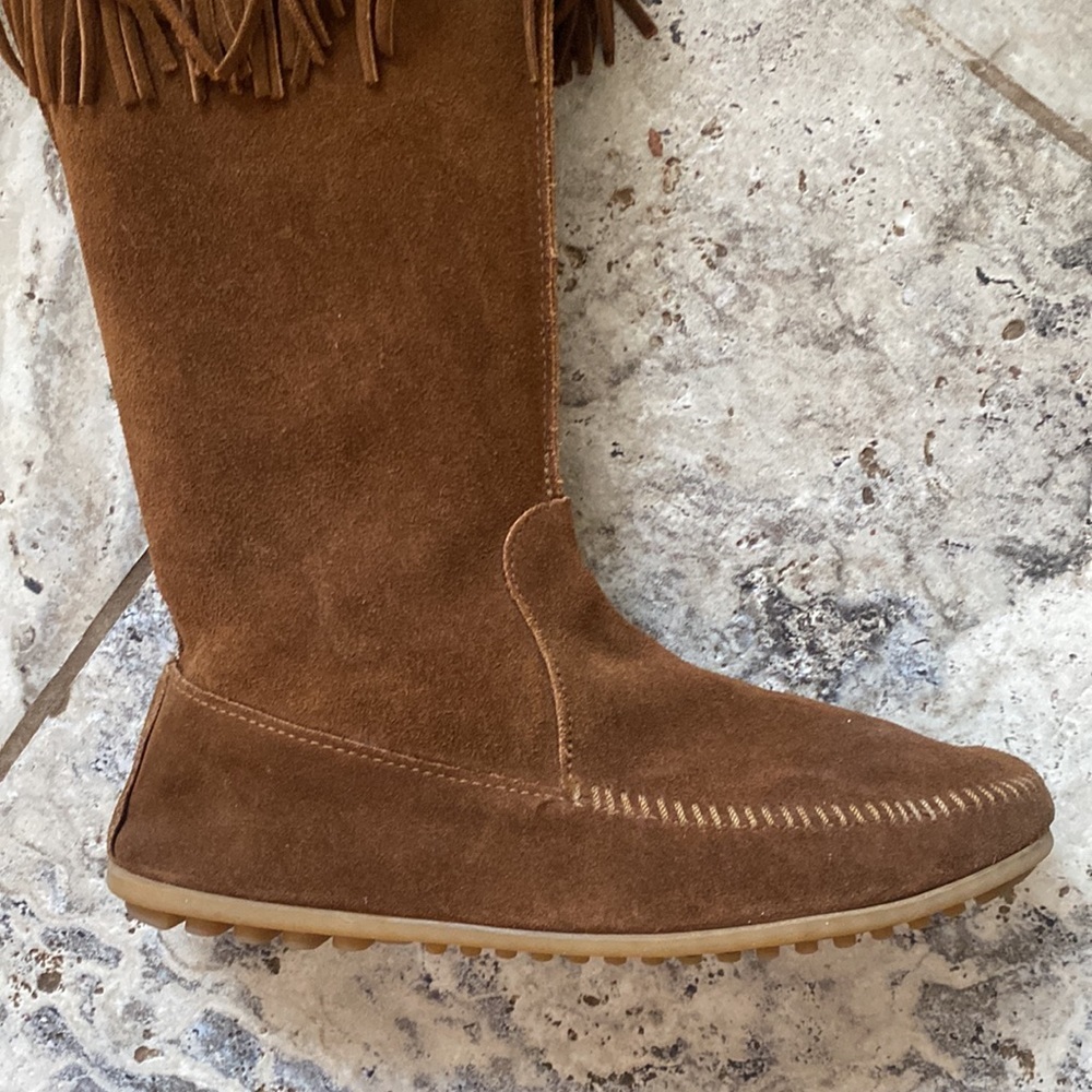 Minnetonka Side Zip Ribbon Trim Fringe Boots SZ 9 - Picture 9 of 12
